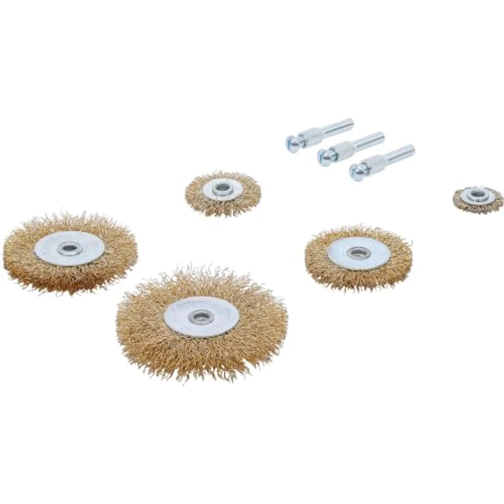 BGS Do it yourself 50908 Stahldraht-Bürsten-Satz, 8-teilig, Ø 25 - 75 mm, für Bohrmaschinenantrieb, max. 4500 U/min – Bild 2