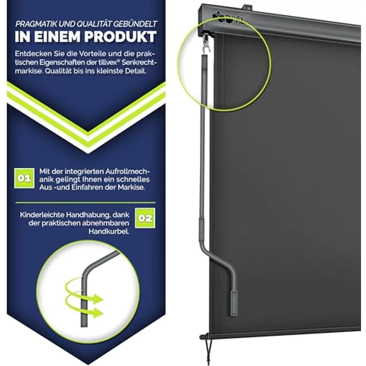 tillvex Senkrechtmarkise 160 x 250 cm für Außen- und Innenbereich | Aluminium Balkonrollo wasserfest mit Handkurbel | UV-Schutz 50+ | Grau – Bild 3