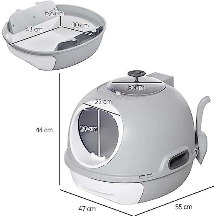 PawHut Katzentoilette mit Dachfenster, Katzenklo mit Bodenschale, mit Schaufel, Tragbar, PP ABS, Grau, 47 x 55 x 44 cm – Bild 3