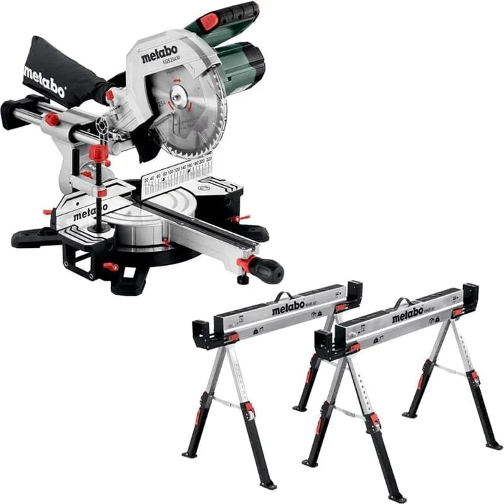 Metabo Kapp- und Gehrungssäge KGS 254 M, mit Zugfunktion und Falt-Arbeitsbock-Set MAB 82, präzise Schnittlinie und robuste Bauweise