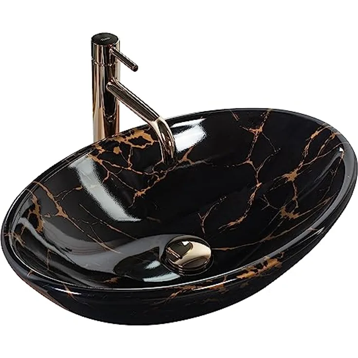 wohnwerk.idee Aufsatzwaschbecken Waschbecken Pamela Black Marble Shiny Marmoroptik 53x33cm