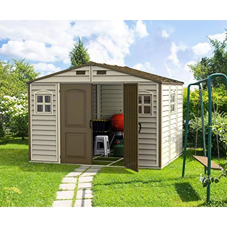 Duramax WoodSide 10 x 8 (7.64 m²) Kunststoff gerätehaus mit 3 festen Fenstern und Metallfundamentset, Gerätehaus, wartungsfreie und robuste und Dachstruktur aus Metall, Ivory/Brown – Bild 3