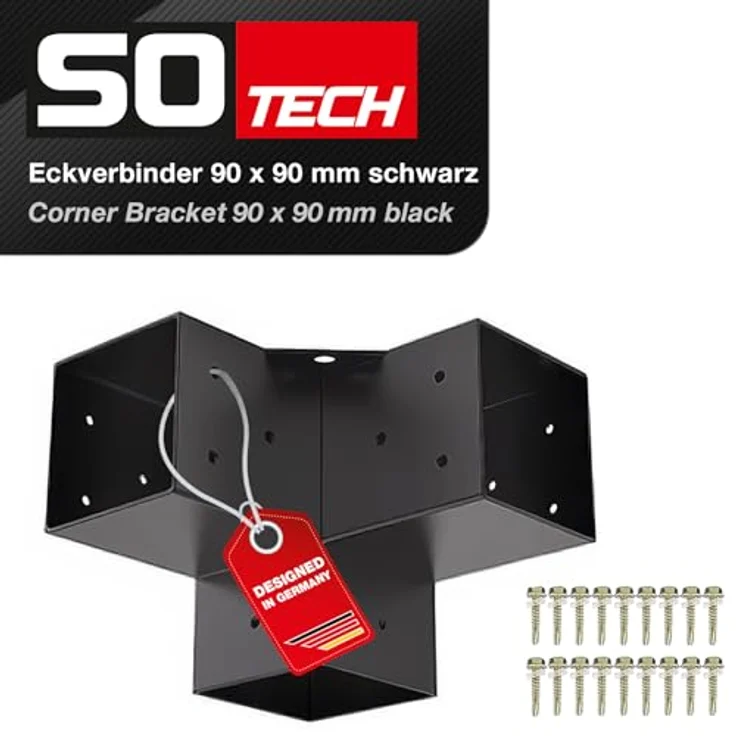 SO-TECH® Pfostenbeschlag Holzverbinder Eckverbinder, 90 x 90 mm, stark korrosionsgeschützt, schwarz pulverbeschichtet, inkl. 18 selbstschneidender Schrauben – Bild 2