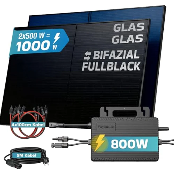 SUNNIVA® 1000W Balkonkraftwerk, Bifaziales Full Black Komplettset mit VAYSUNIC VM800WE-BE-P2 Wechselrichter, 2x500W Glas-Glas Solarmodulen und 5m Kabelset – Bild 2