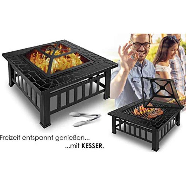 KESSER Feuerstelle mit Grillrost & Grillzange Feuerschale 82x82x50cm, 3in1 Multifunktional Fire Pit für Heizung-BBQ Grill, Garten Terrasse , Metall Feuerkorb mit Schutzhülle Schürhaken Funkenschutz Schwarz (Vierkant) - Preisvergleich – Bild 7