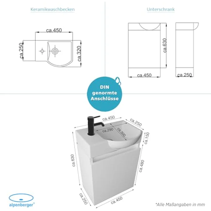 Alpenberger Waschbecken Gäste WC Waschbecken mit Unterschrank, Softclose-Funktion, 45 cm Breite, Weiss - Hängeschrank Vormontiert – Bild 2