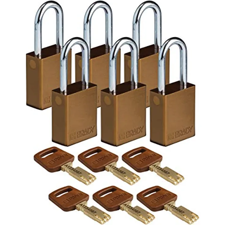 Brady (ALU-BRN-38ST-KD6PK) SafeKey Anodized Aluminum Lockout-Vorhängeschloss Mit Stahl Bügel 38.00 mm Braun KD - Verschiedenschließende Schlösser 6 Stück