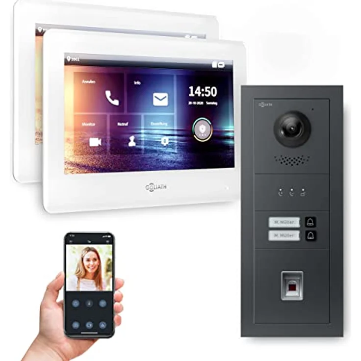 Goliath Intercom Video-Türsprechanlage Goliath 2-Draht BUS, HD Kamera, Fingerprint, 2 Monitore, Anthrazit – Bild 1