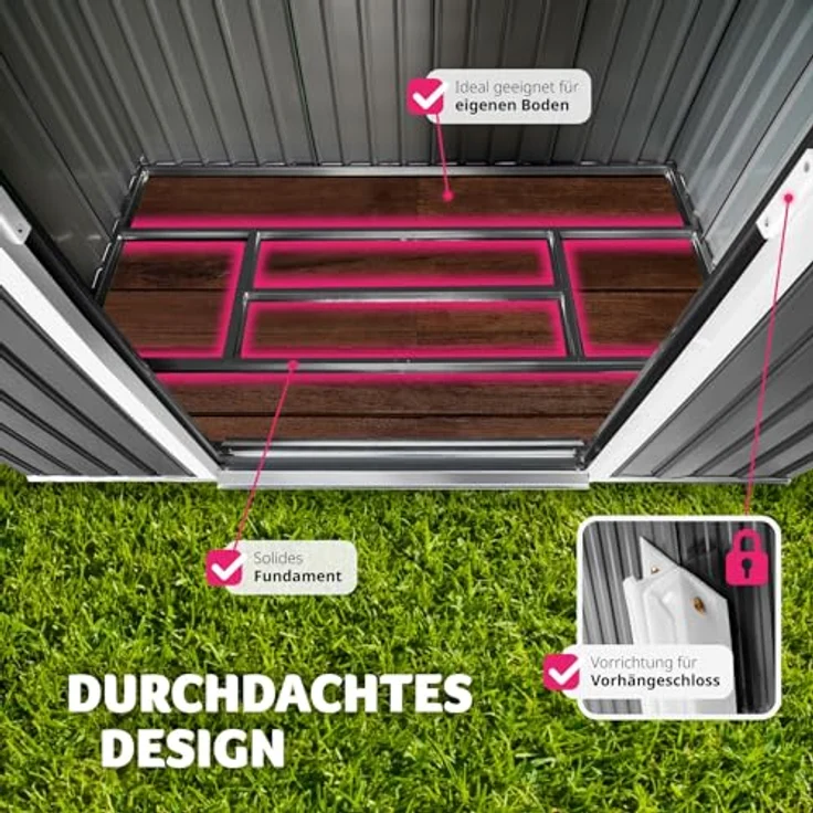 tectake® Metall Gartenhaus mit Satteldach, Geräteschuppen Garten mit Schiebetür, Gerätehaus mit Metallfundament, als Gartenschuppen, Gartenhütte oder Fahrradgarage, 4 m³ Lagerfläche - grau/weiß – Bild 4