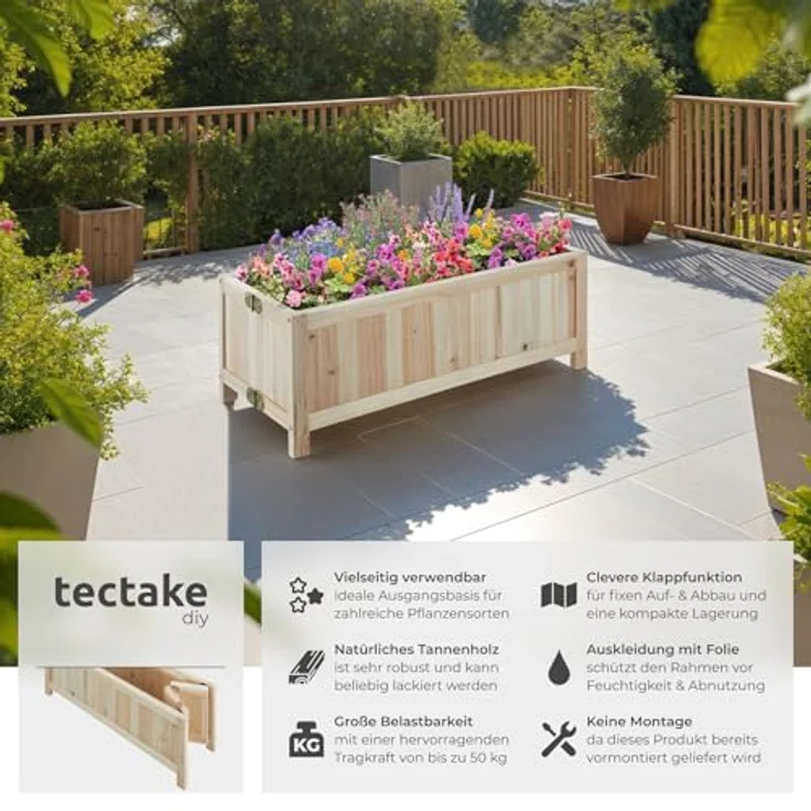 tectake® Hochbeet Holz, Tannenholz Hochbeete-Kit für Balkon, Terrasse, Garten - 30l, 70 x 30 x 25 cm, stabil & langlebig, Balkonsichtschutz, braun – Bild 2