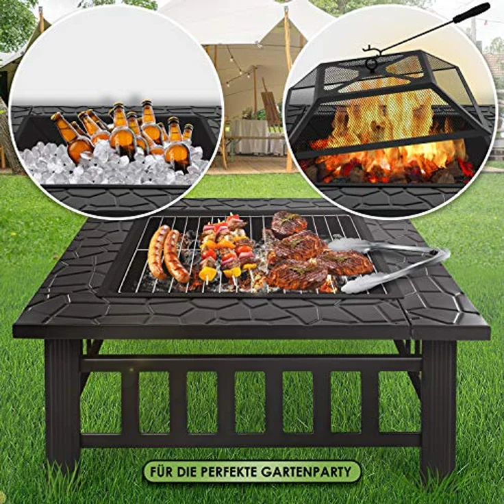 KESSER Feuerstelle mit Grillrost & Grillzange Feuerschale 82x82x50cm, 3in1 Multifunktional Fire Pit für Heizung-BBQ Grill, Garten Terrasse , Metall Feuerkorb mit Schutzhülle Schürhaken Funkenschutz Schwarz (Vierkant) - Preisvergleich – Bild 3