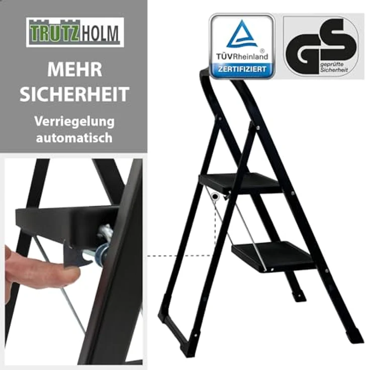 TRUTZHOLM Trittleiter klappbar, 2 Stufen, TÜV/GS zertifiziert, bis 150 kg belastbar, Anti-Rutsch Trittflächen, Sicherheitsverriegelung, Stahl Leiter (Schwarz) – Bild 5