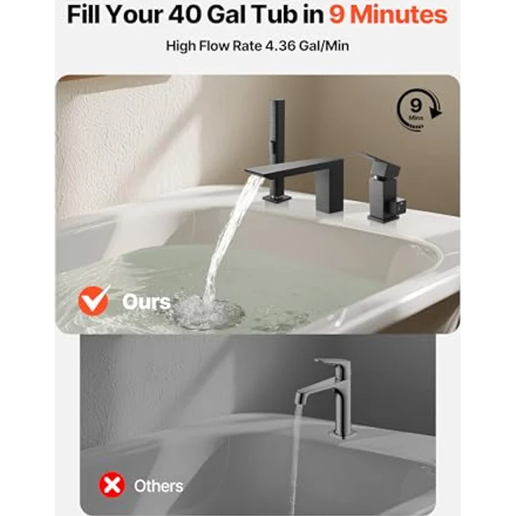 VEVOR römische Badewannenarmatur, 3-Loch Wannenarmaturen-Set mit Handbrause, Hochdurchfluss mit doppeltem Wasserfluss, deckenmontiert, Edelstahl, tropffrei – Bild 2