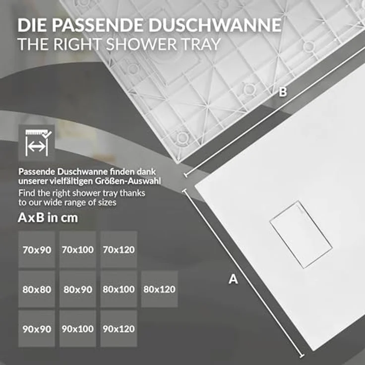 LuxeBath Duschwanne 90x70 cm, Rechteckige Brausetasse mit rutschfester Oberfläche und Ablaufgarnitur, Weiß, H:30 mm, extra flach – Bild 5