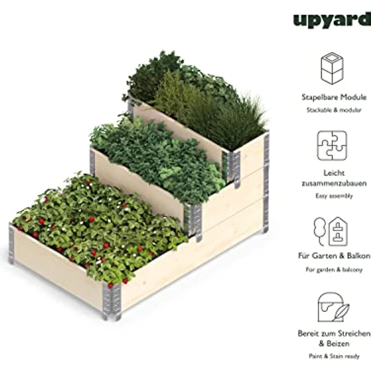 Upyard Stepped Bed - modernes Hochbeet aus Paletten - modulares, mehrstufiges Hochbeet aus Naturholz für Garten und Terrasse, 120x80x58,5, Naturholz – Bild 3