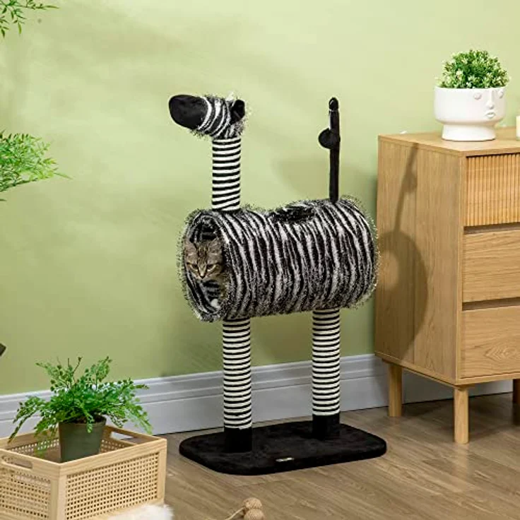 PawHut Kratzbaum, Höhe 93 cm, Katzenbaum im Zebra-Design, Kletterbaum mit Katzentunnel, Katzenkratzbaum mit Jutepfosten, Spielbaum, Katzenmöbel, Schwarz+Weiß – Bild 2