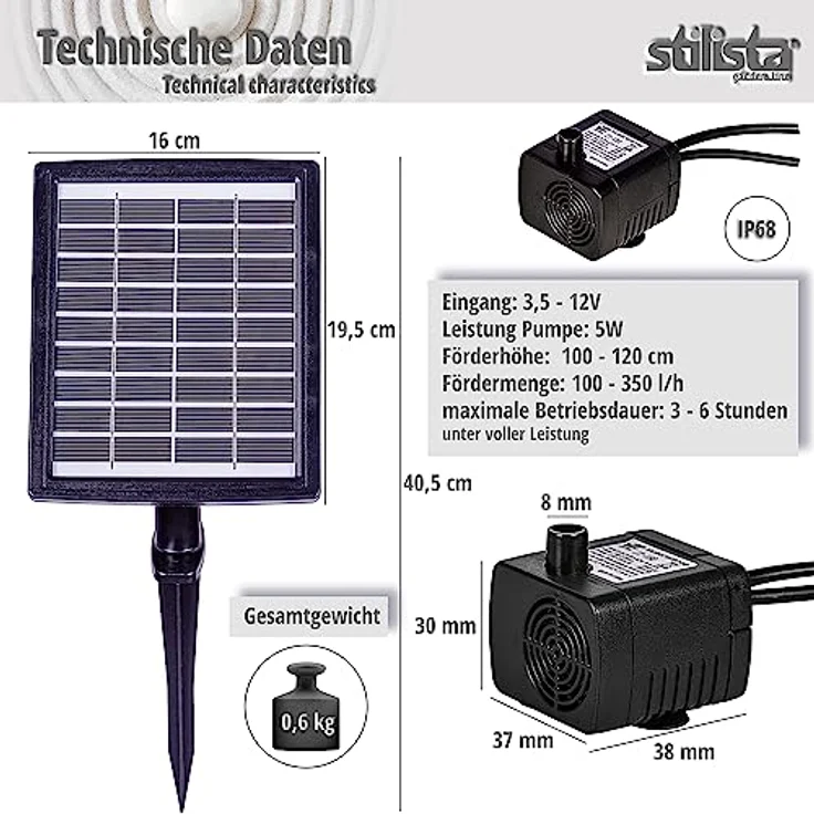 STILISTA Solarpumpe Solar Pumpe kleine Brunnen 2,8 W, Förderhöhe bis 100 cm, Fördermenge bis 350 l/h, umweltfreundliche Alternative – Bild 5