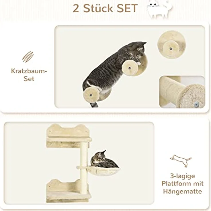 PawHut Katzen Kletterwand, 4-teilig, Katzenkletterwand, inkl. 1 x Sprungturm, 3 x Kratzbäume, Kletterwand Set, Kratzbaum mit Hängematte, Wandliege Katzen, Katzentreppe, Sisal, Beige+Cremeweiß – Bild 5