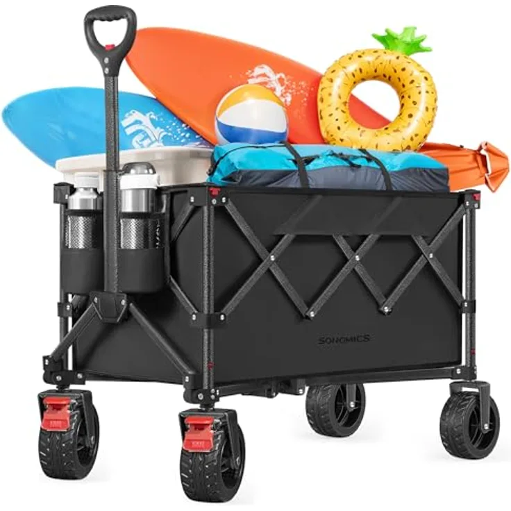 SONGMICS Faltbarer Handwagen, 150 L, bis 150 kg belastbar, schwarz, abnehmbarer Stoffbezug, 4 bewegliche Rollen mit Bremsen