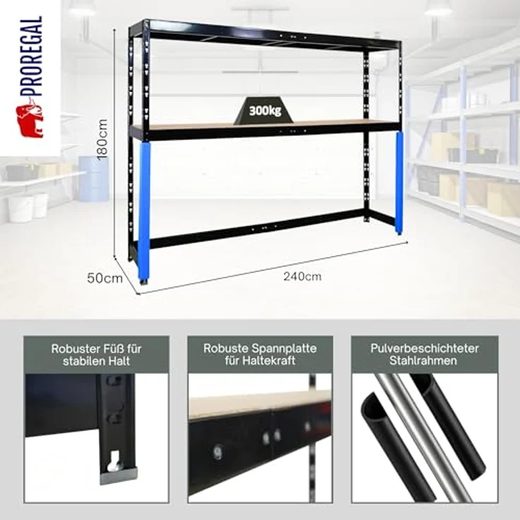 Proregal Schwerlastregal HERCULES, Garagenregal mit 2 Lagerebenen, Traglast pro Boden 300 kg, Stecksystem, Schwarz, 180 x 240 x 50 cm – Bild 2