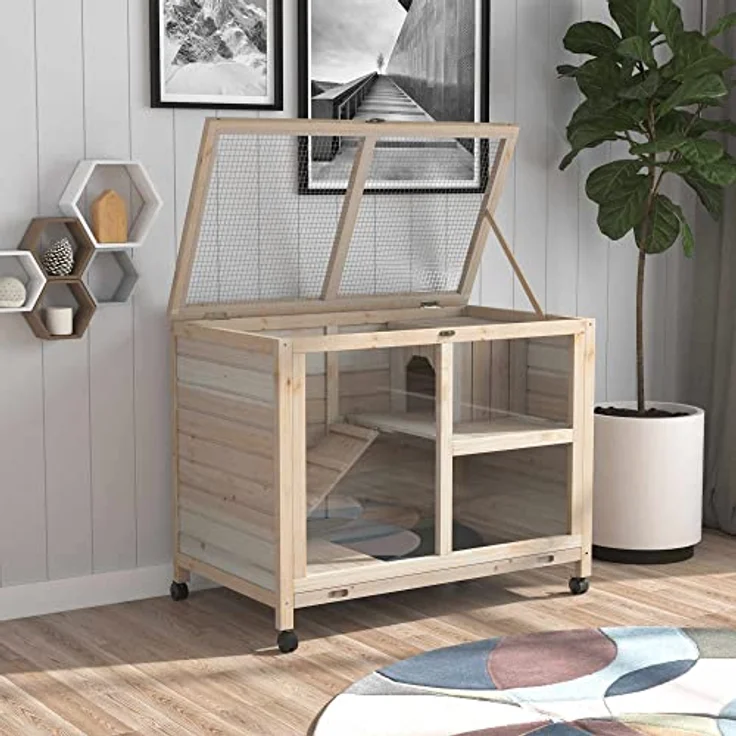 PawHut Kleintierkäfig mit Rädern Meerschweinchenkäfig Kleintierstall Kleintierhaus innen und außen Winterfest Tannenholz Natur 91,5 x 53,3 x 73 cm, 2 Ebenen, Massivholz, Rollen, einfache Reinigung – Bild 2