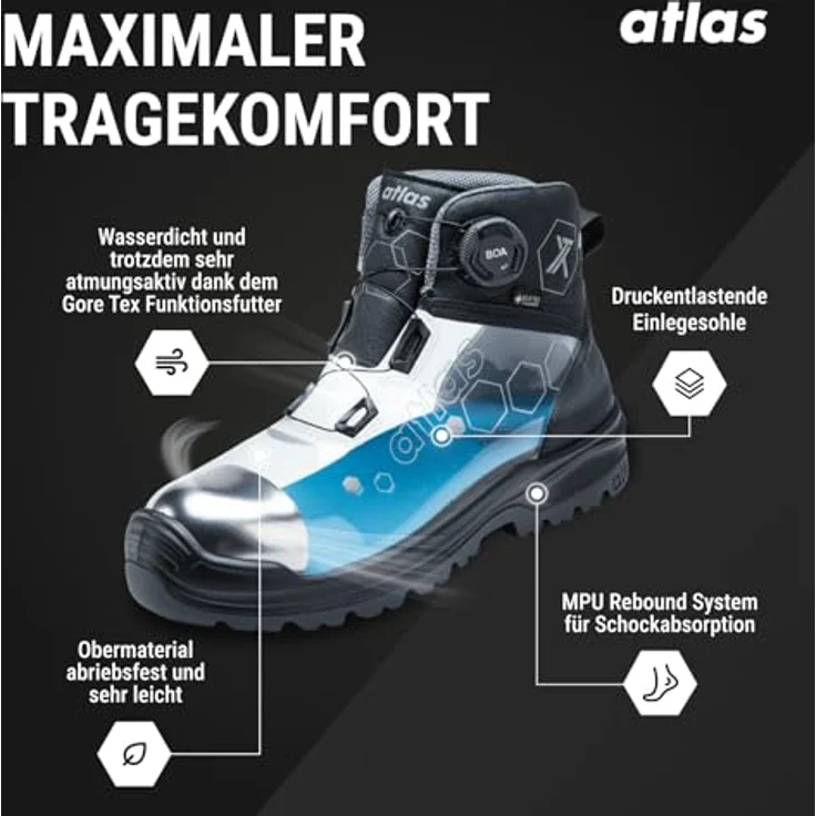 ATLAS Sicherheitsstiefel XT 550 BOA GTX S3 SRC Gr. 44 W.10, knöchelhoch, metallfreie Durchtritthemmung, Gore-Tex, schwarz/anthrazit – Bild 3