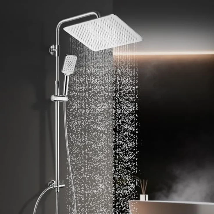 Görbach Regendusche Duschsystem ohne Armatur, Eckig 30x30 cm, Chrom, mit 3 Strahlarten und höhenverstellbarer Duschstange – Bild 1