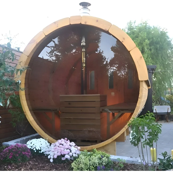 JVmoebel Fasssauna, Fasssauna aus Holz mit Edelstahl-Elementen, 8 Liegeplätze, Tonnendach, Glas-Tür, Naturbraun, Made in Europe