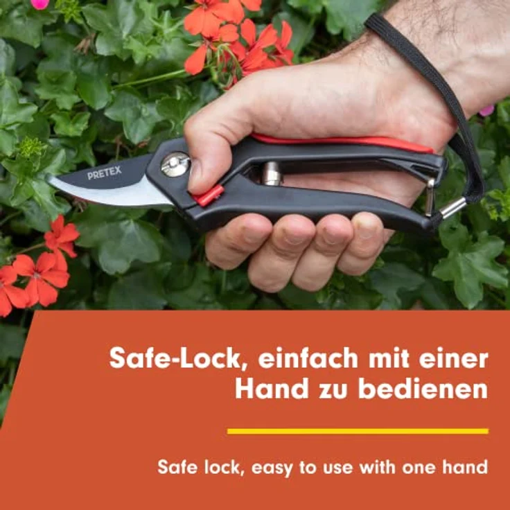 PRETEX Gartenschere mit einhändig bedienbarem Sicherungshebel, Schneideblatt mit Antihaft-Beschichtung | Garten-Schere, Reb-Schere, Weinberg-Schere, Ast-Schere – Bild 3