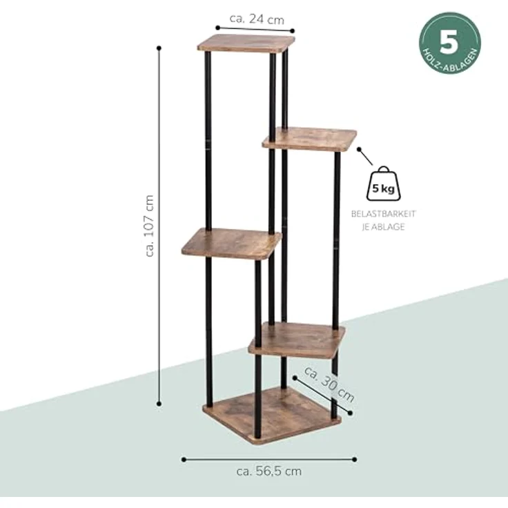 eluno Blumenständer Blumenregal, 5 Ablagen aus FSC-zertifiziertem MDF-Holz und schwarzem Metall, max. 5 kg pro Platte, höhenverstellbare Standfüße, 56,5 x 30 x 107 cm – Bild 7