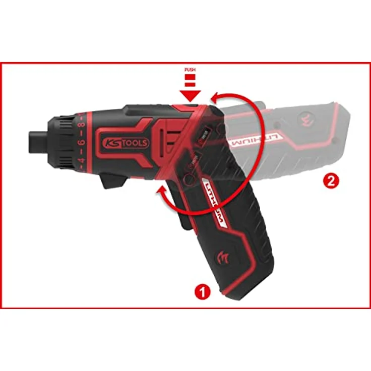 KS Tools eMONSTER 1/4“ Akku-Bit-Schrauber-Satz, 27-tlg., 3,6V mit ergonomischem Griff, USB-C aufladbar, Drehmomentvorwahl, LED-Arbeitslicht, in Kunststoffbox – Bild 15