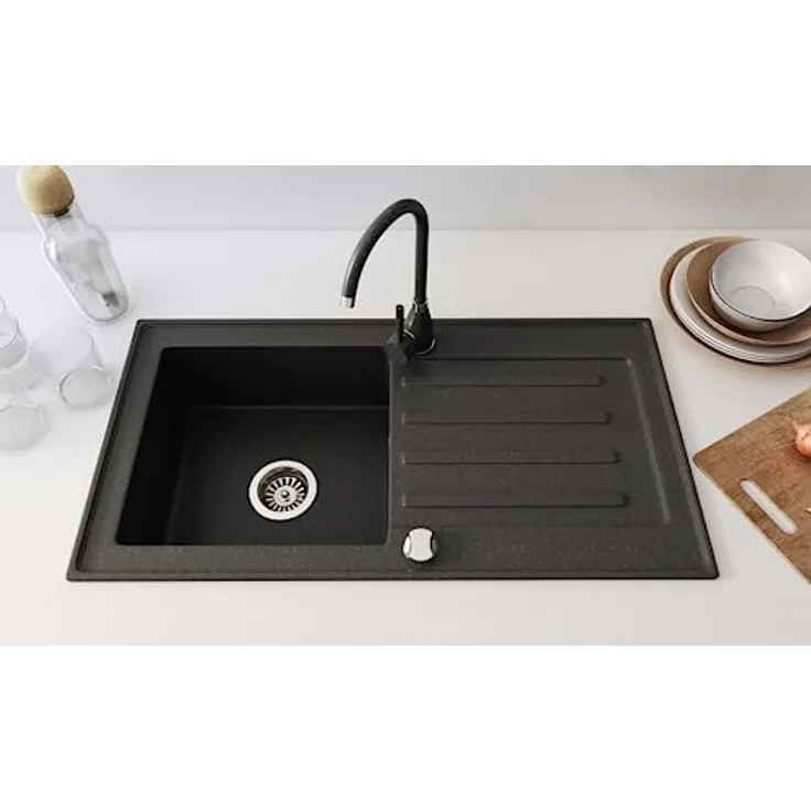 Granitspüle 75x44 Küchenspüle Spülbecken inkl. Siphon (Schwarz)