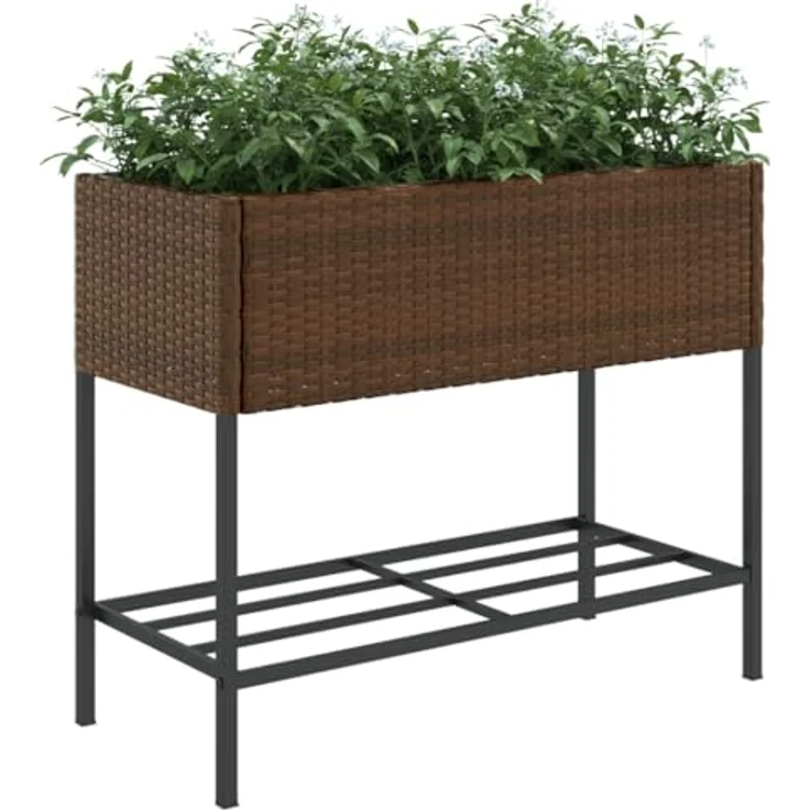 vidaXL Pflanzkübel mit Ablage Braun Poly Rattan, PE-Rattan, stabiles Gestell, praktische Ablage – Bild 4