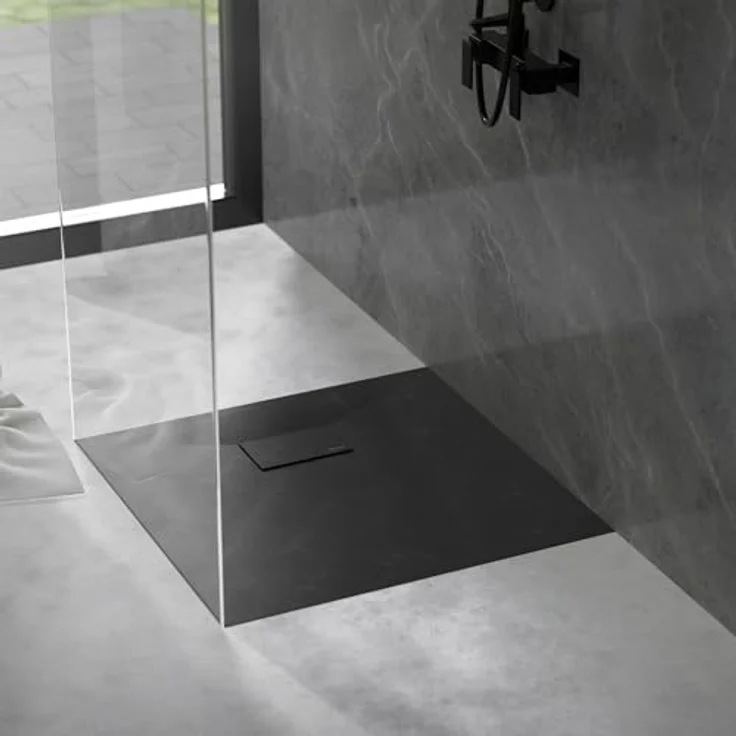 LuxeBath Duschwanne 80x80cm, quadratische Duschtasse mit rutschfester Oberfläche und Ablaufgarnitur, extra flach mit Siphon 30mm, Schwarz in Schiefer-Optik – Bild 9