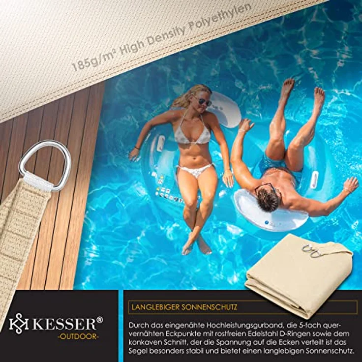 KESSER Sonnensegel Sonnenschutz Windschutz HDPE Gewebe wasserabweisend & windabweisend Dreieck 5-Fach quer vernäht robust & stabil Schattenspender Garten Balkon Terrasse Dreieck, Creme, 5x5x5m – Bild 6