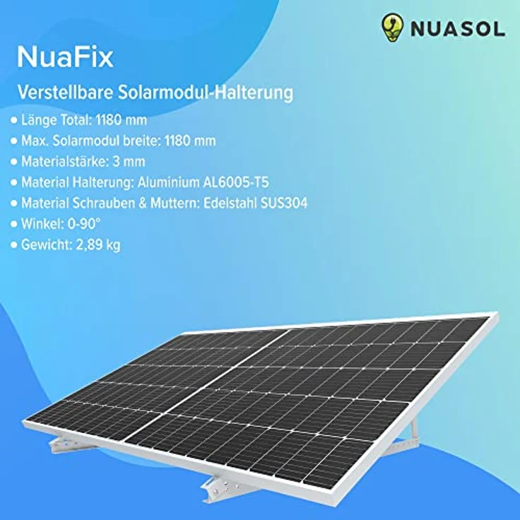 NuaSol Halterung für Solarpanel Aufständerung bis 118 cm Flachdach PV Solarmodul Verstellbar 0-90° Aluminium Set Montagematerial, Silber – Bild 5