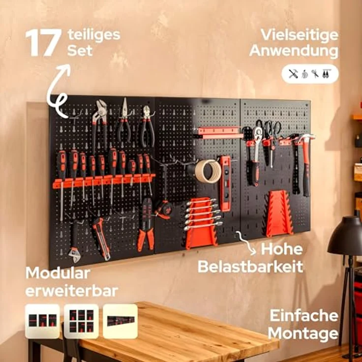Arebos Werkzeugwand 3-teilige Lochwand Werkstatt, 17-teiliges Hakenset & Halterungen, stabile Metallkonstruktion 117,6 x 59,5 x 2 cm, rot – Bild 2