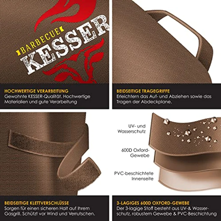 KESSER Premium BBQ Grillabdeckung Gasgrill Grillhaube Abdeckung Wetterfest - für Weber, Brinkmann, Char Broil Grill Abdeckhaube Schutzhülle 600D Oxford- Gewebe Reißfest Braun, 147 x 61 x 122 cm (BxTxH) – Bild 4