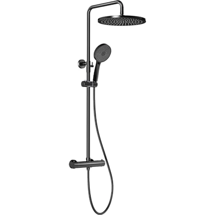 Rainsworth Duschsystem mit Thermostat, schwarze 30cm Rund Regendusche, 5 Strahlarten, höhenverstellbare Edelstahl-Duschstange – Bild 1