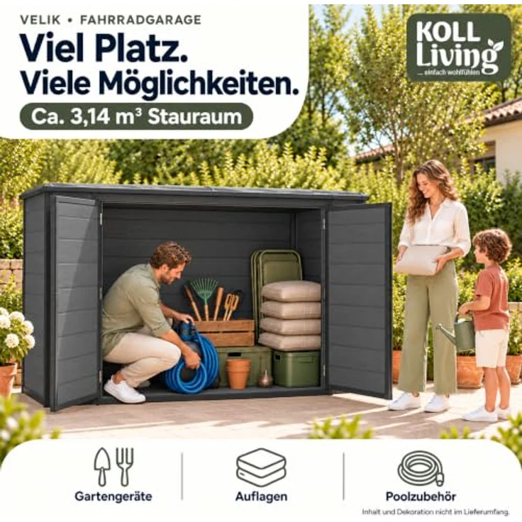 Koll Living Fahrradgarage Velik, 211 x 102 x 150 cm, 3,1 m³, grau, Doppeltür, Pultdach, UV- & witterungsbeständig, platzsparend – Bild 3