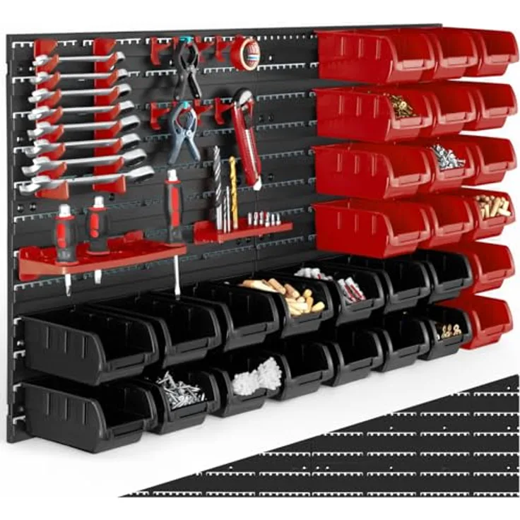 tectake® Kleinteilemagazin Werkzeugwand, flexibel erweiterbar mit 28 stapelbaren Boxen in Schwarz und Rot, sortierbares Werkstattregal für Schrauben und Muttern
