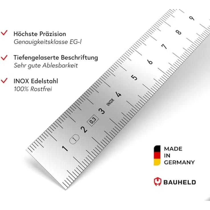 BAUHELD Stahllineal 300mm, Präzisions-Metal-Lineal mit beidseitiger Skala in Zoll und Zentimeter, rostfreier Edelstahl mit Aufhängelochung – Bild 3