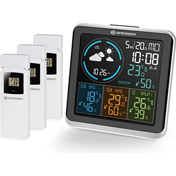 Bresser Wetterstation Funk mit Außensensor Quadro Individio mit 4 unterschiedlichen Messpunkten inklusive 3 Außensensoren für Temperatur und Luftfeuchtigkeit