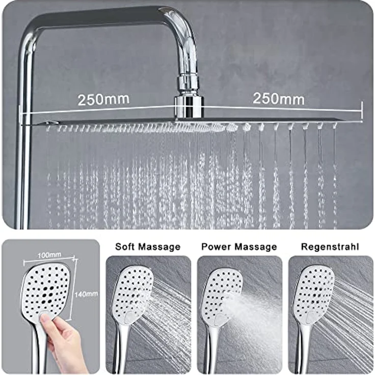 JOHO Edelstahl Duschset, Chrom Duschsystem ohne Armatur, XL Regenduschkopf 25x25cm, Handbrause mit 3 Strahlarten, wassersparend – Bild 3