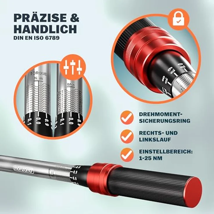 Monzana Drehmomentschlüssel (18 St), 1/4" 1-25 NM ±3% mit Verlängerung, Transportbox Fahrrad Motorrad Set – Bild 5