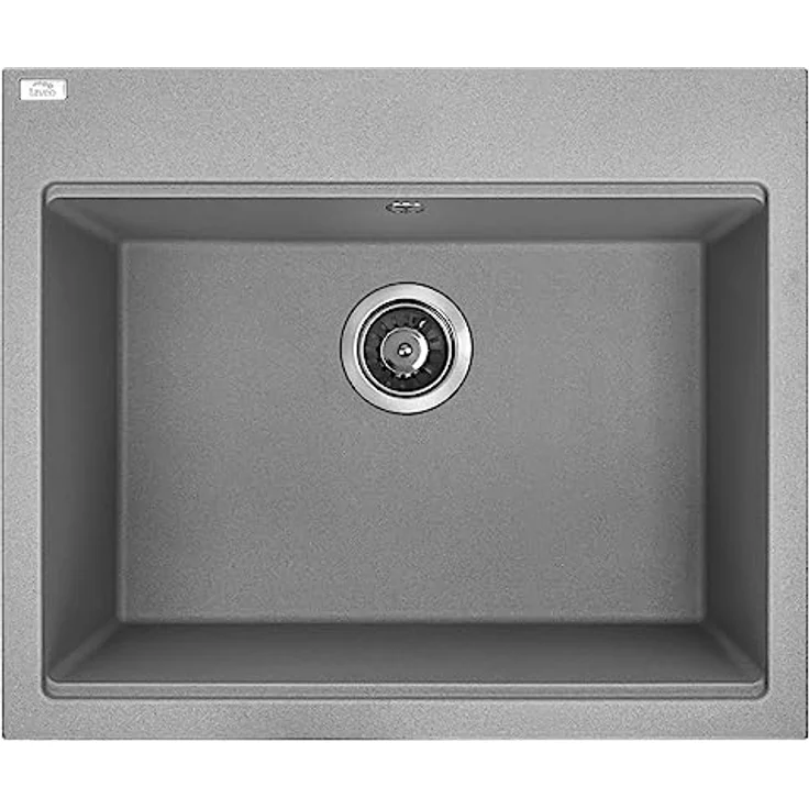 KOLMAN Granitspüle Tau Einzelbecken, grau, mit Space Saving Siphon und Überlauf, 50x60 cm, kratzfest und temperaturbeständig – Bild 1