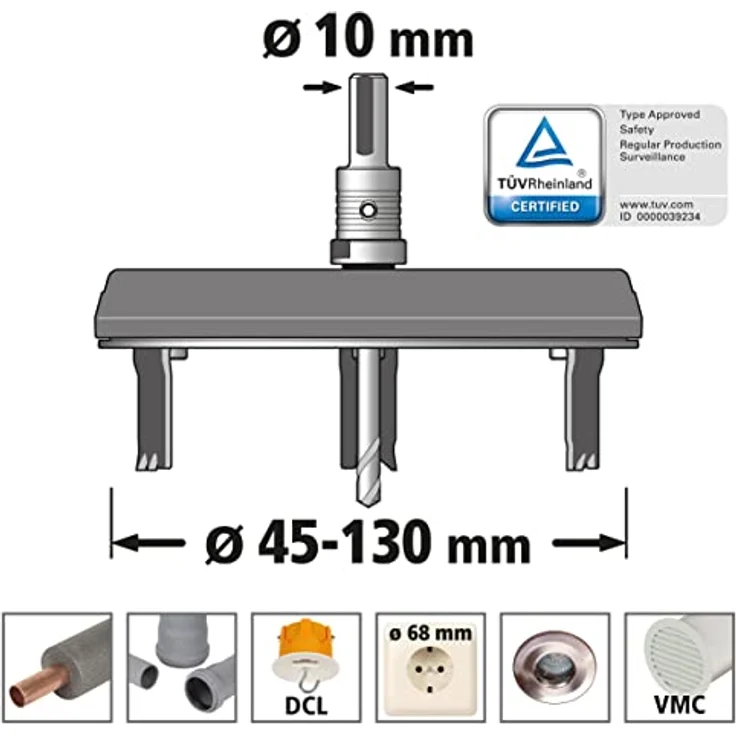wolfcraft Lochsäge 5978000 – Verstellbarer Universal-Kreisschneider für den Akkuschrauber und die Bohrmaschine – Für Gipsplatten und Holz – Stufenlos einstellbar von ø 45-130mm – Bild 7