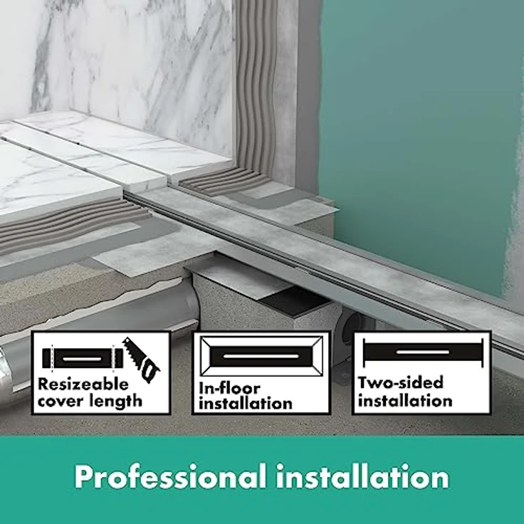 hansgrohe Fertigset Duschrinne RainDrain Rock, befliesbare Abflussrinne 600mm, Edelstahl, kürzbar, mit Dryphon Siphonlösung – Bild 4