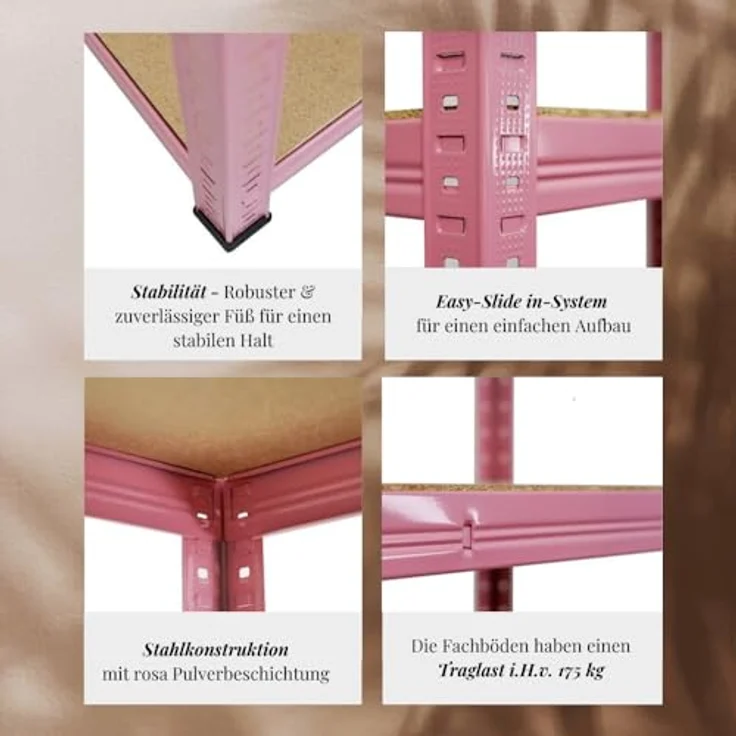 Proregal Schwerlastregal PINK LADY, 180 x 90 x 40 cm, Traglast 175 kg, 5 höhenverstellbare Böden, Rosa – Bild 5