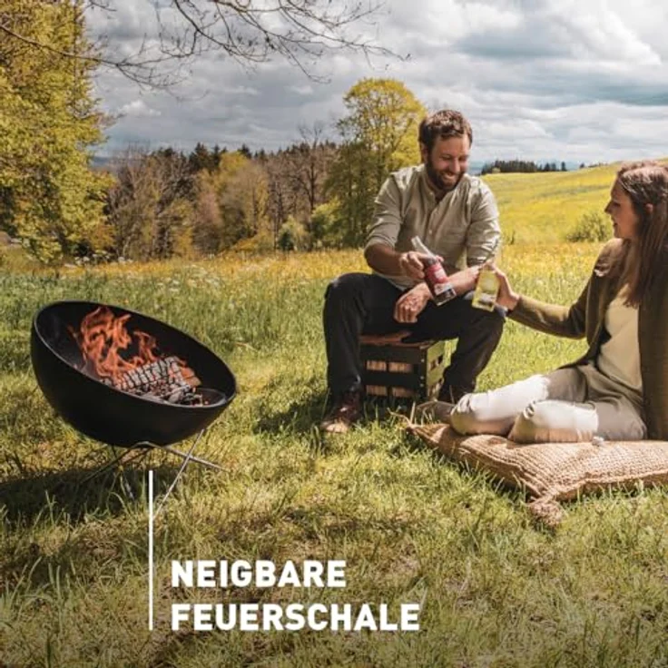 höfats - Bowl 57 Feuerschale mit Edelstahl Dreibein - raucharme Verbrennung - Feuerstelle mit Plancha Grillplatte und Grillrost nutzbar - kippbarer Feuerkorb Stahl emailliert, schwarz, Ø 57 cm – Bild 5